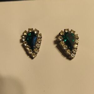 Vintage Green And Clear Rhinestone Earrings